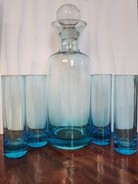 Turquoise Glass Decanter Set with Stopper and Shot Glasses